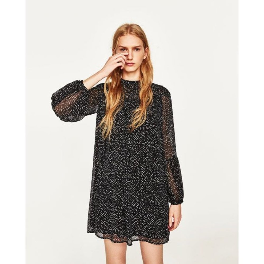 ZARA Women's Size XS Black/White Chiffon Long Sleeve Polka Dot Shift Tunic Dress